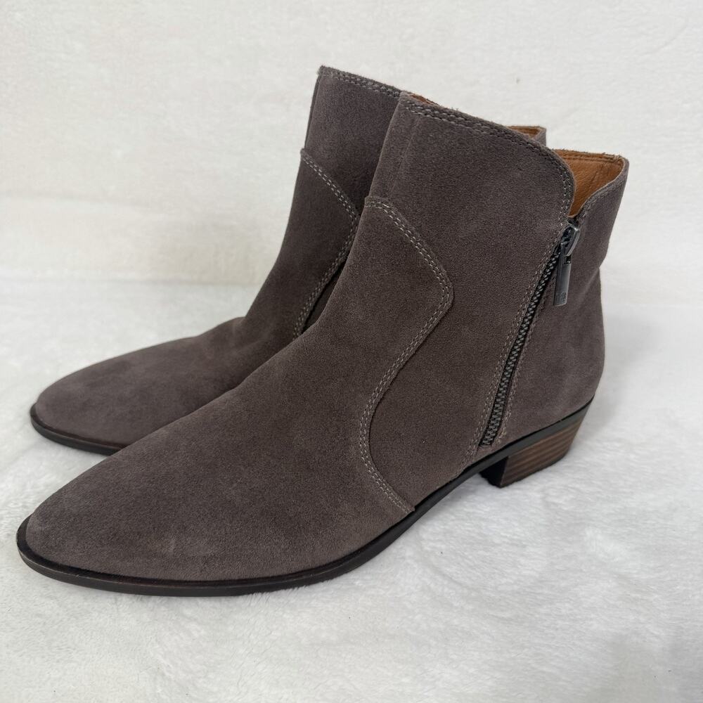 Lucky Brand Tayti Suede Ankle Boots Women’s 9.5 Taupe Low Heel Zip Booties